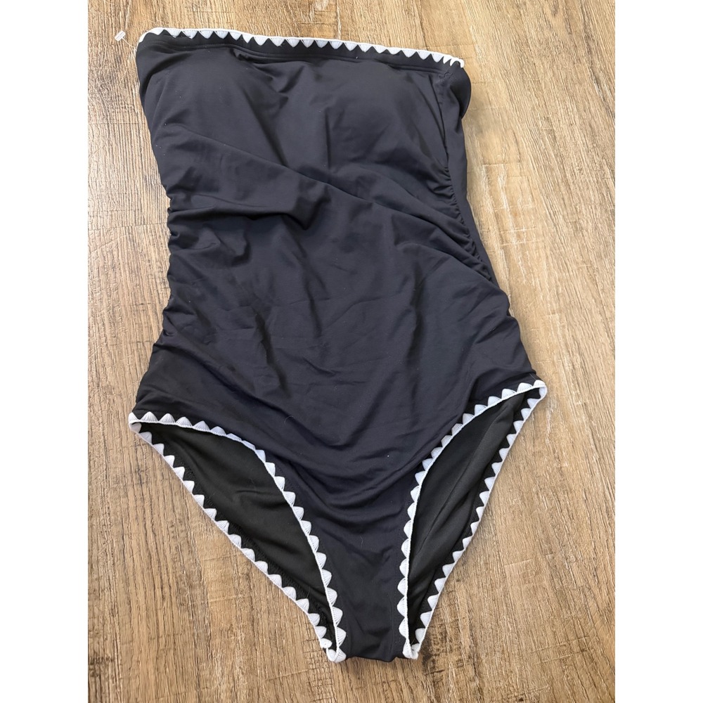 Holipick Womens Strapless One Piece Swimsuit Black Ric Rac Trim Ruched Small NWT